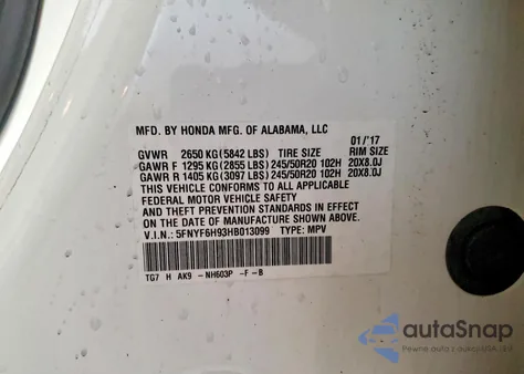 2017 Honda Pilot Touring z USA, uszkodzony, nr VIN 5FNYF6H93HB013099